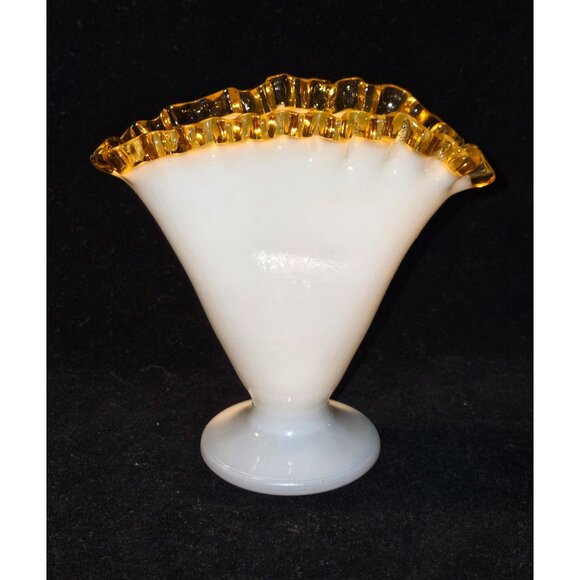 1950s Fenton Milk Glass Fan Vase with Amber ruffle trim - Picture 2 of 6